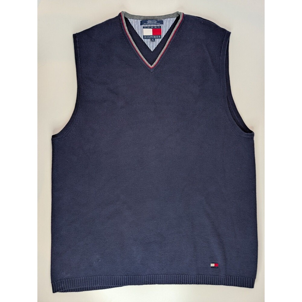Tommy Hilfiger Sweater Vest Mens XL Navy V-Neck Cotton Tipped Trim Flag Logo